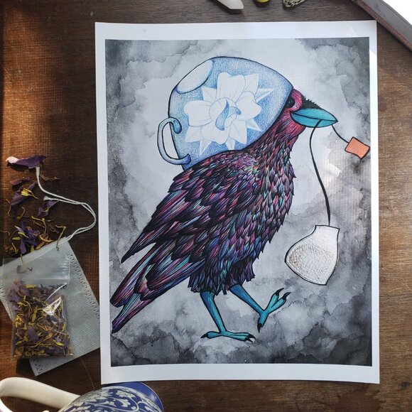 Tea Loving Crow Drawing Illustration Art Matte Print 8x10" - Picture 2 of 3